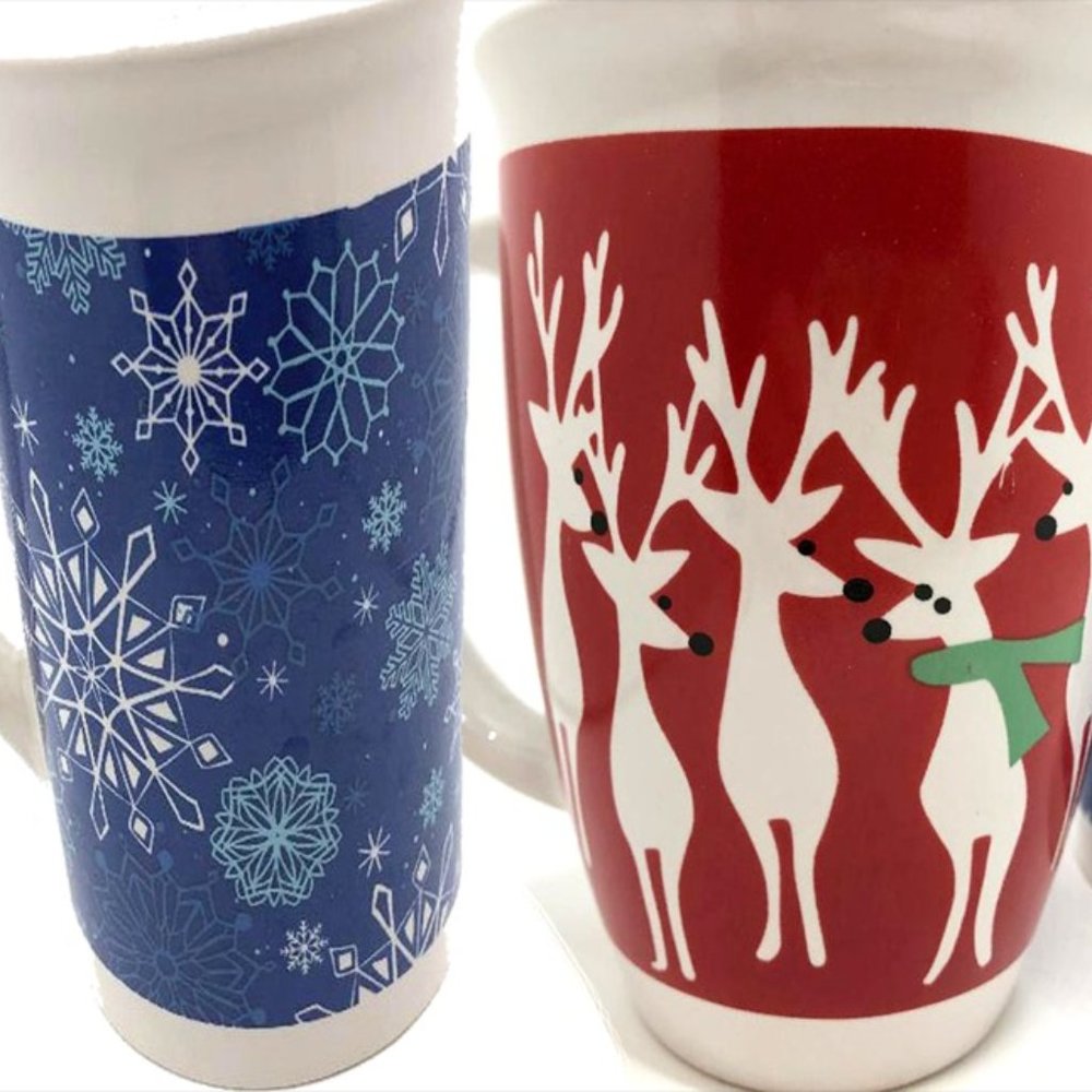 Christmas Mugs with Reindeer, Snowflakes, and Santa - 11 oz.
